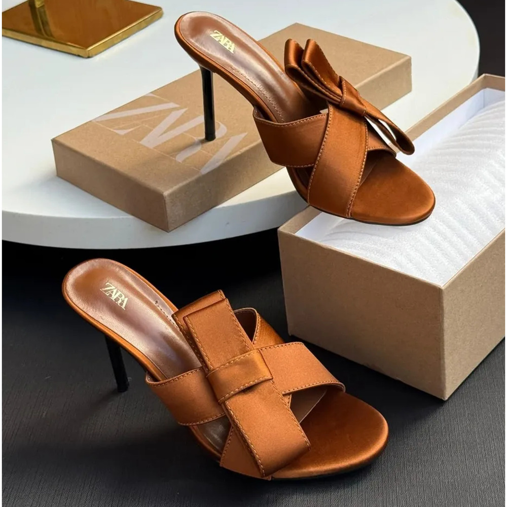 ZARA Satin Brown Heels NWT | Crossover Strap with Bow Detail - Picture 4 of 16